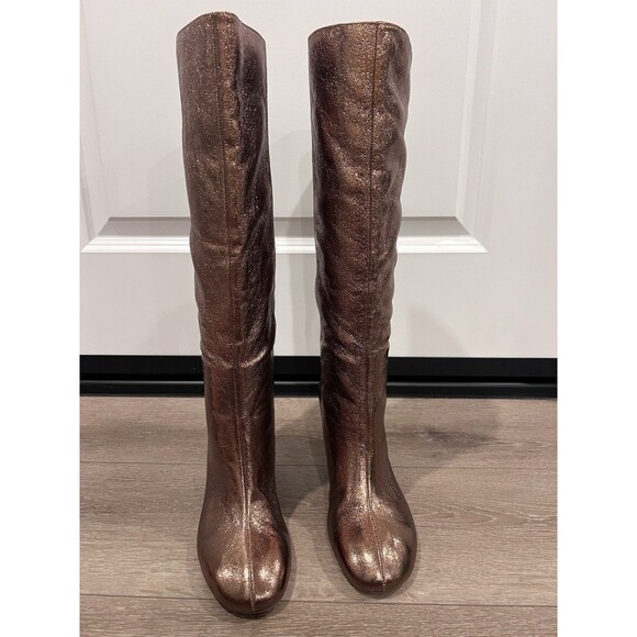ZARA Woman Knee High Metallic Kitten Heel Boots Gold Size US 6 EU 36 UK 3 - Picture 2 of 10